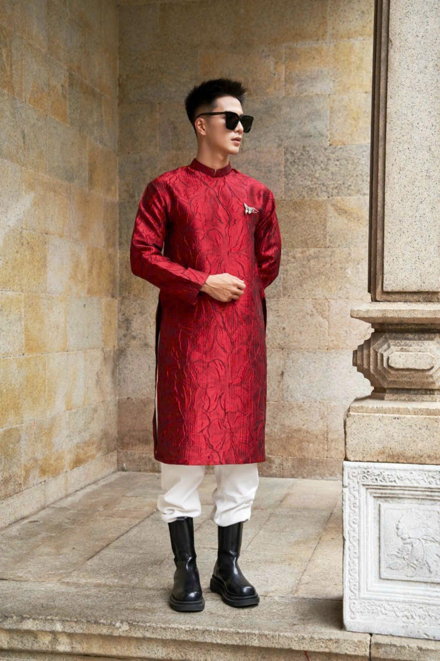 Lily Floral Motif Ao Dai For Men - Red Modern Ao Dai Men