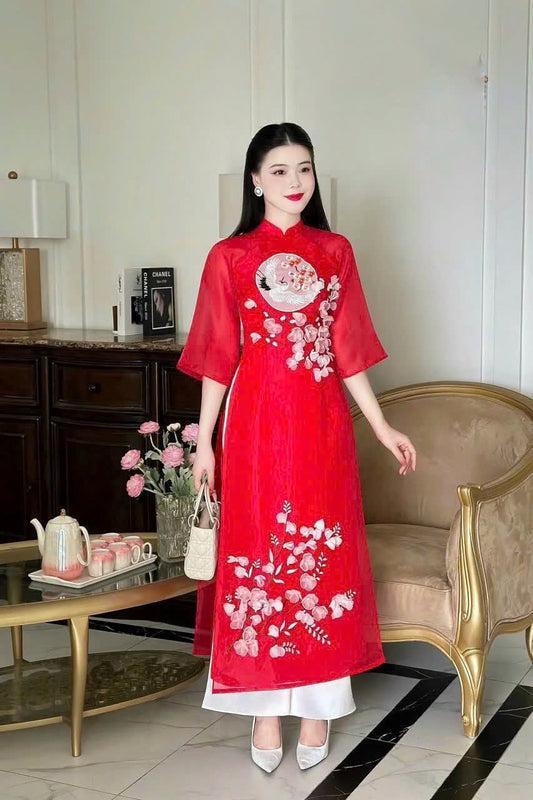 Red Blossom Floral Ao Dai Modern With Wide Sleeves - Áo Dài Cách Tân