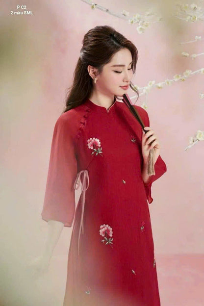 Red Shifted Ao Dai Vietnamese - Áo Dài Cách Tân - No Pants