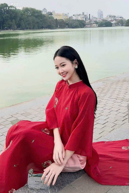 Red Shifted Ao Dai Vietnamese - Áo Dài Cách Tân - No Pants