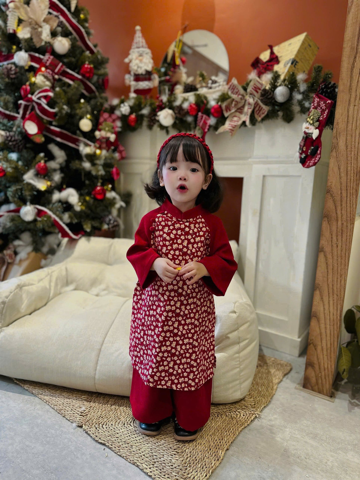 Girls Dress Ao Dai - Red Velvet Ao Dai For Daughter | Áo Dài Tết 2026