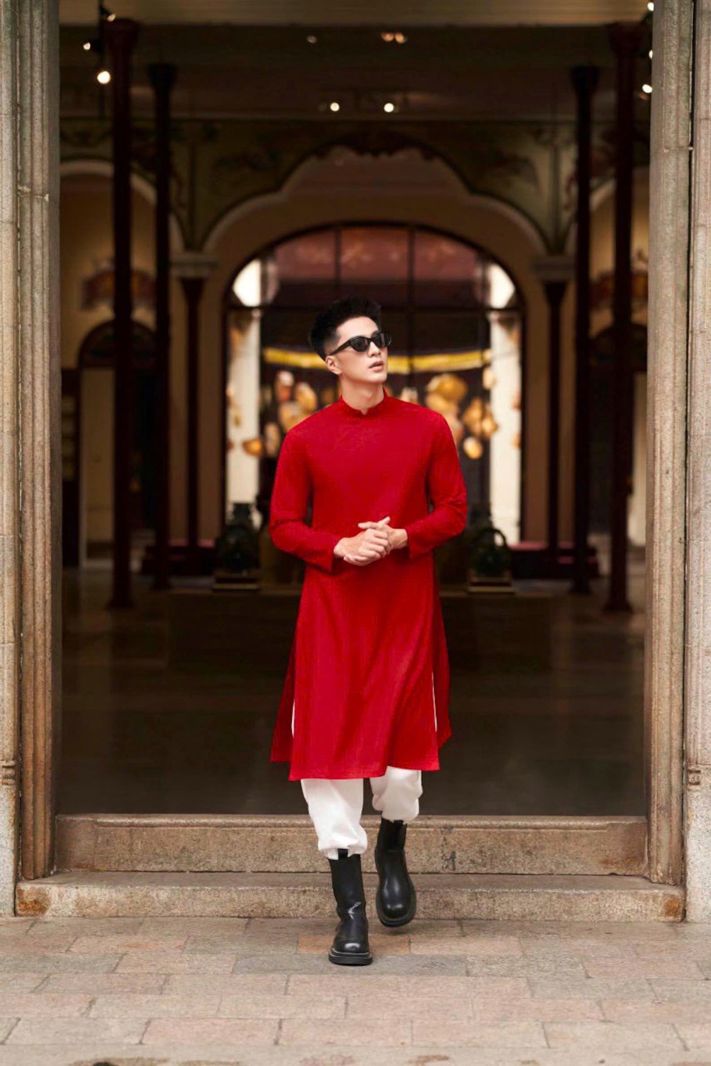 Plain Red Ao Dai - Modern Ao Dai For Men - Ao Dai Cach Tan