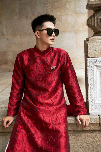 Lily Floral Motif Ao Dai For Men - Red Modern Ao Dai Men