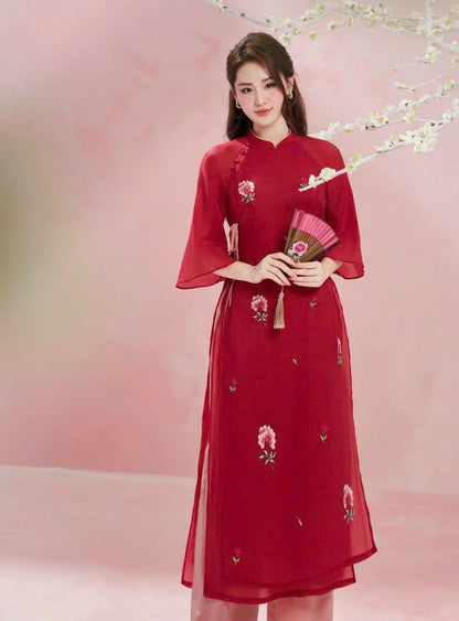 Red Shifted Ao Dai Vietnamese - Áo Dài Cách Tân - No Pants