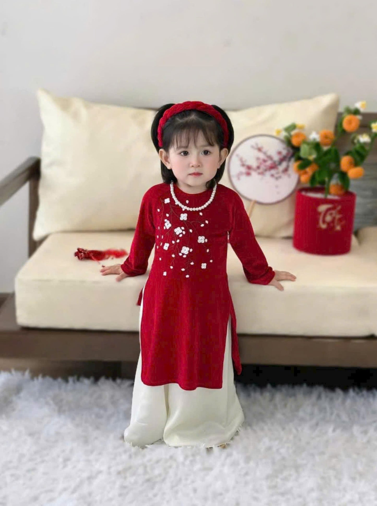 Girls Dress Ao Dai - Red Velvet Ao Dai For Daughter | Áo Dài Tết 2025