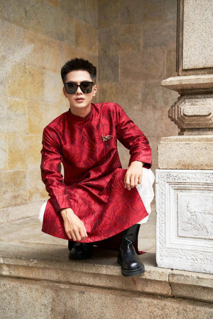 Lily Floral Motif Ao Dai For Men - Red Modern Ao Dai Men