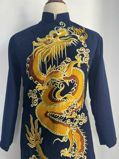 Navy Blue Men Ao Dai With  Dragon Embroidered  - Traditional Ao Dai Men