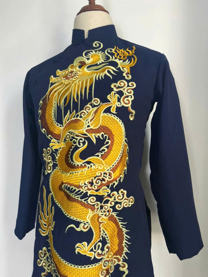 Navy Blue Men Ao Dai With  Dragon Embroidered  - Traditional Ao Dai Men