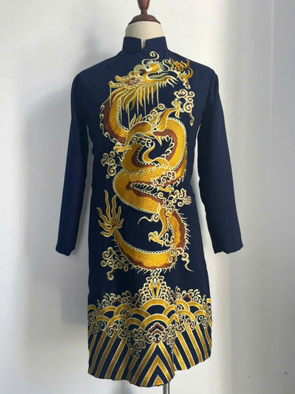 Navy Blue Men Ao Dai With  Dragon Embroidered  - Traditional Ao Dai Men