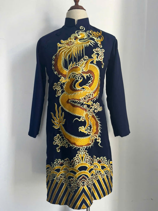 Navy Blue Men Ao Dai With  Dragon Embroidered  - Traditional Ao Dai Men