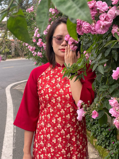 Red Mini Floral Ao Dai Dress - Vietnamese Ao Dai Set