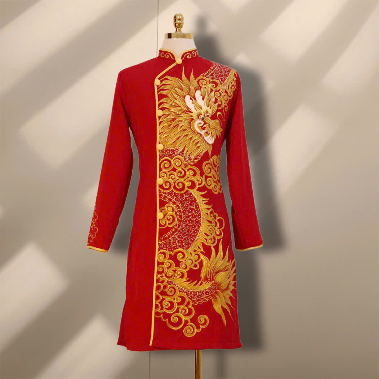 Pre-order Gold Dragon Pattern Ao Dai Men- Traditional Ao Dai Men | Hand Painted Ao Dai For Groom