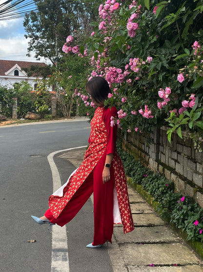 Red Mini Floral Ao Dai Dress - Vietnamese Ao Dai Set