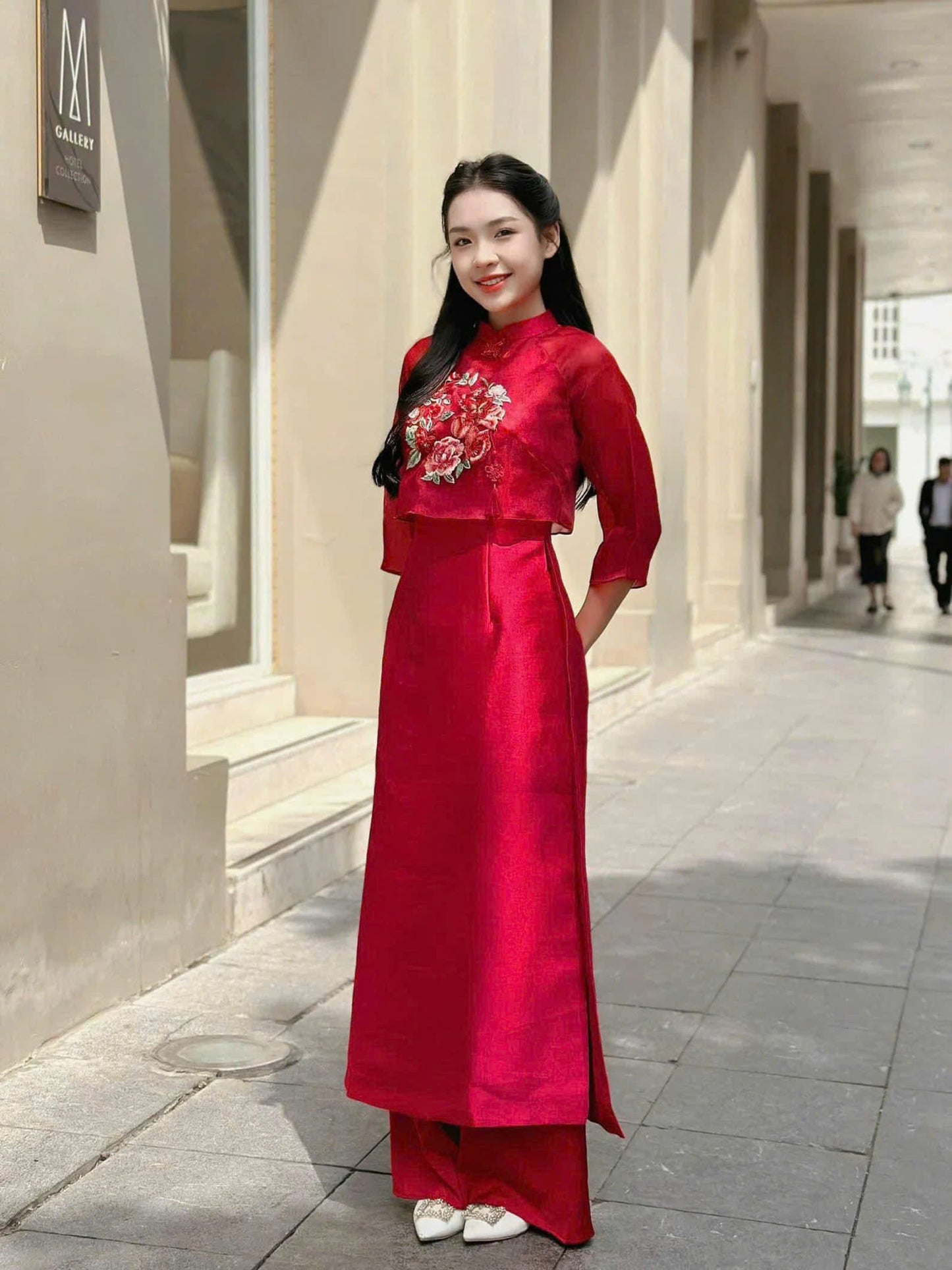Red Cap Shoulder with 3D Floral Ao Dai Set  -  Modern Ao Dai