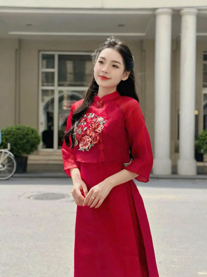 Red Cap Shoulder with 3D Floral Ao Dai Set  -  Modern Ao Dai
