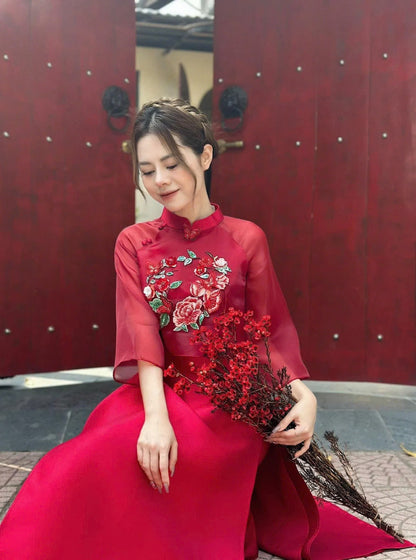Red Cap Shoulder with 3D Floral Ao Dai Set  -  Modern Ao Dai