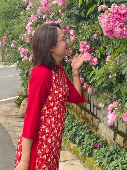 Red Mini Floral Ao Dai Dress - Vietnamese Ao Dai Set