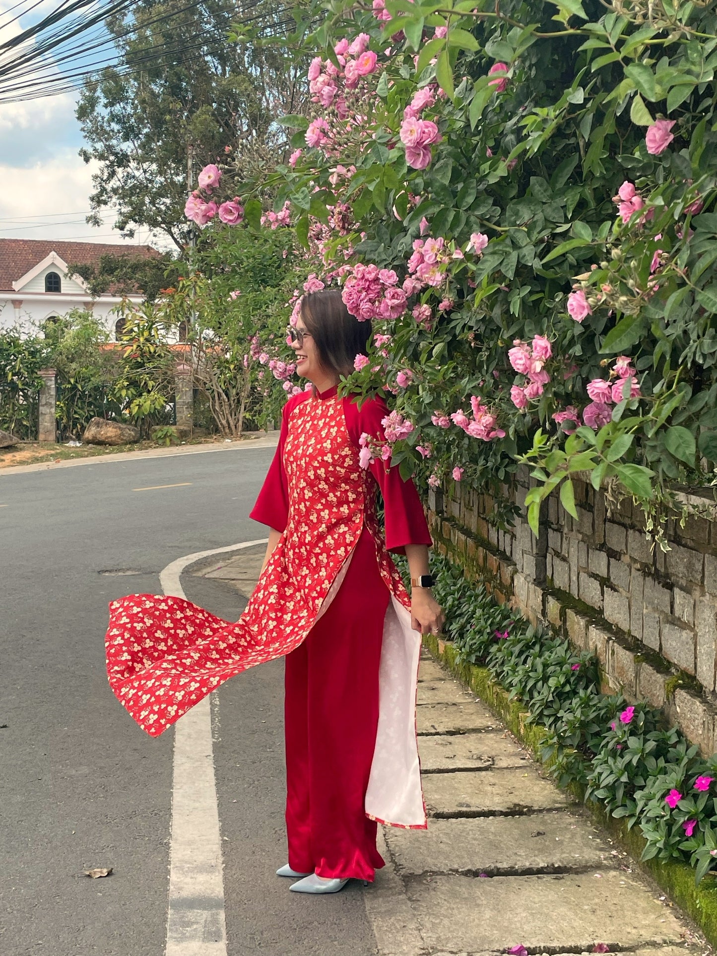 Red Mini Floral Ao Dai Dress - Vietnamese Ao Dai Set
