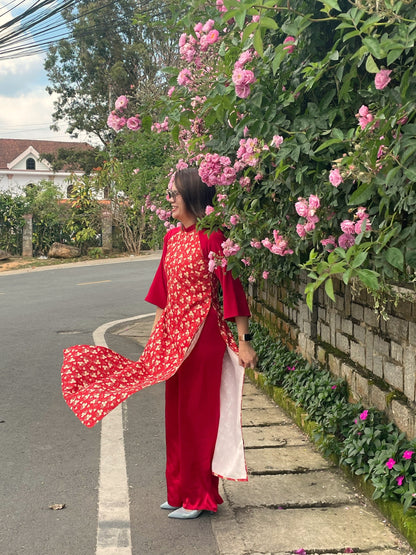 Red Mini Floral Ao Dai Dress - Vietnamese Ao Dai Set