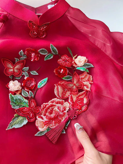 Red Cap Shoulder with 3D Floral Ao Dai Set  -  Modern Ao Dai