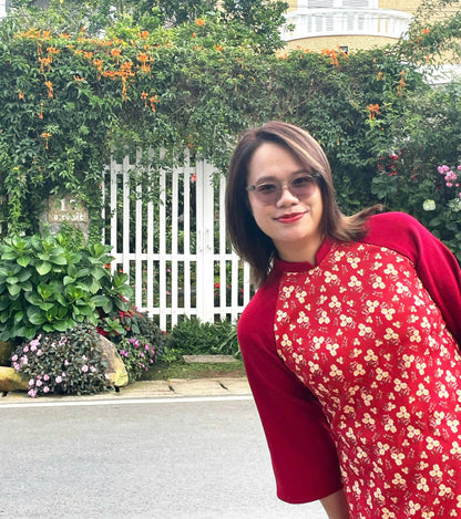 Red Mini Floral Ao Dai Dress - Vietnamese Ao Dai Set