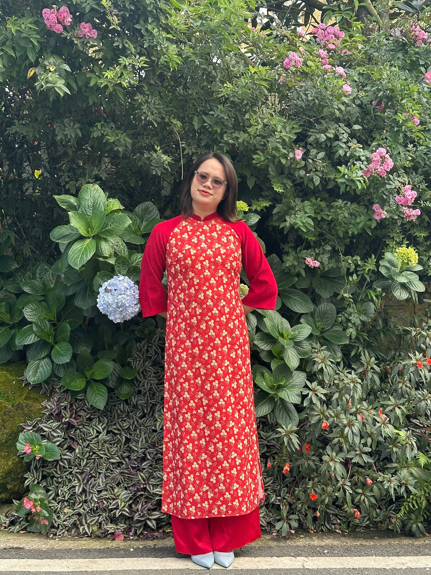Red Mini Floral Ao Dai Dress - Vietnamese Ao Dai Set