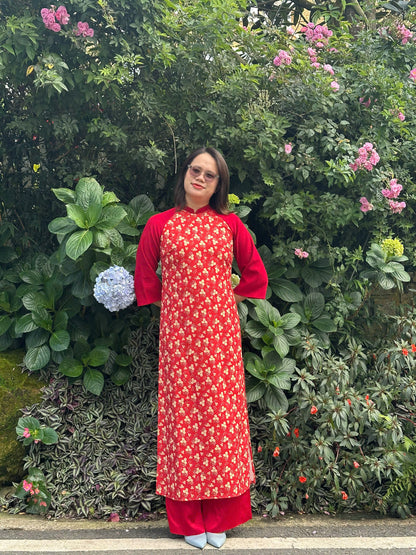 Red Mini Floral Ao Dai Dress - Vietnamese Ao Dai Set