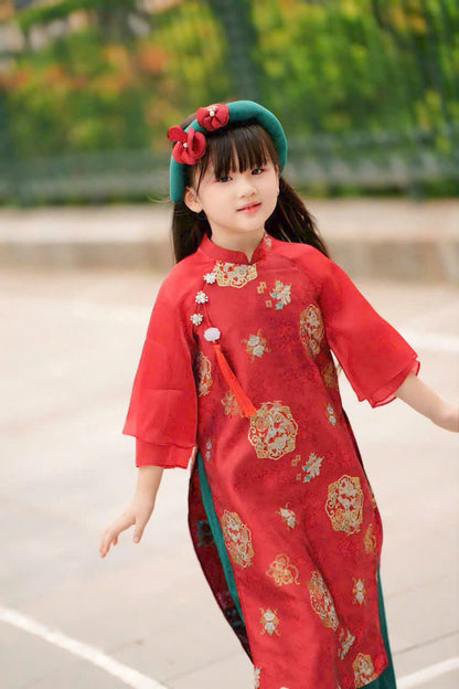 LUCY Red gam ao dai for daughter | ao dai be gai tet