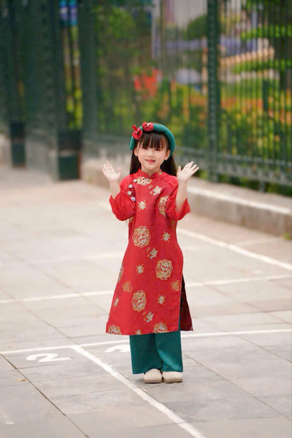 LUCY Red gam ao dai for daughter | ao dai be gai tet