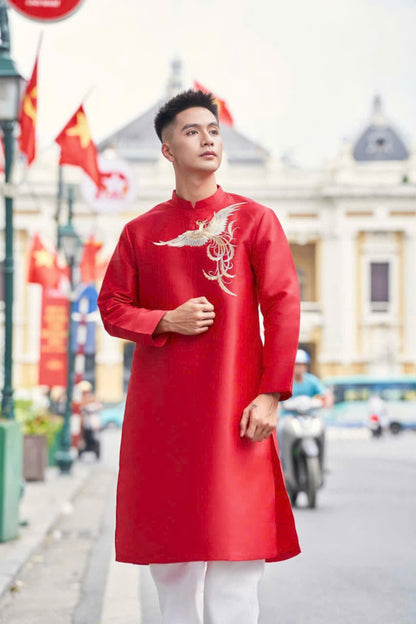 Red Taffeta Ao Dai Men - Phoenix Embroidery Ao Dai Boy's