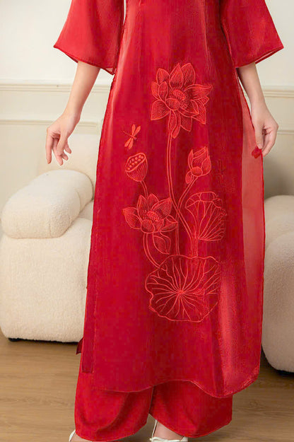 Red Lotus Embroidered Ao Dai Set | Traditional Vietnamese Dress