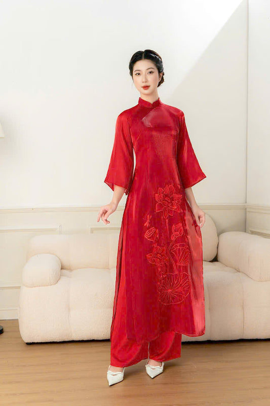 Red Lotus Embroidered Ao Dai Set | Traditional Vietnamese Dress