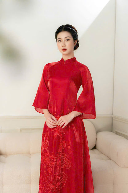 Red Lotus Embroidered Ao Dai Set | Traditional Vietnamese Dress