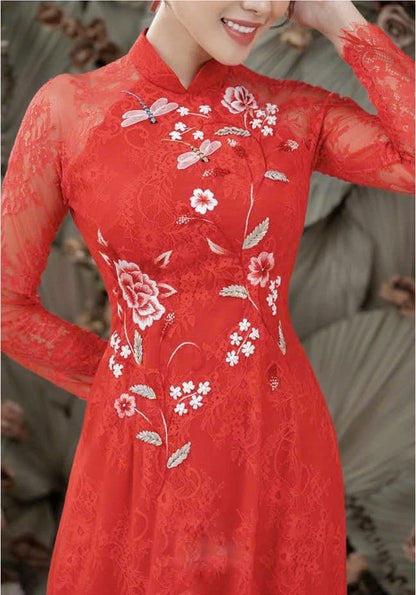 Red Lace Ao Dai Vietnamese Traditional Wedding Dress with Embroidery