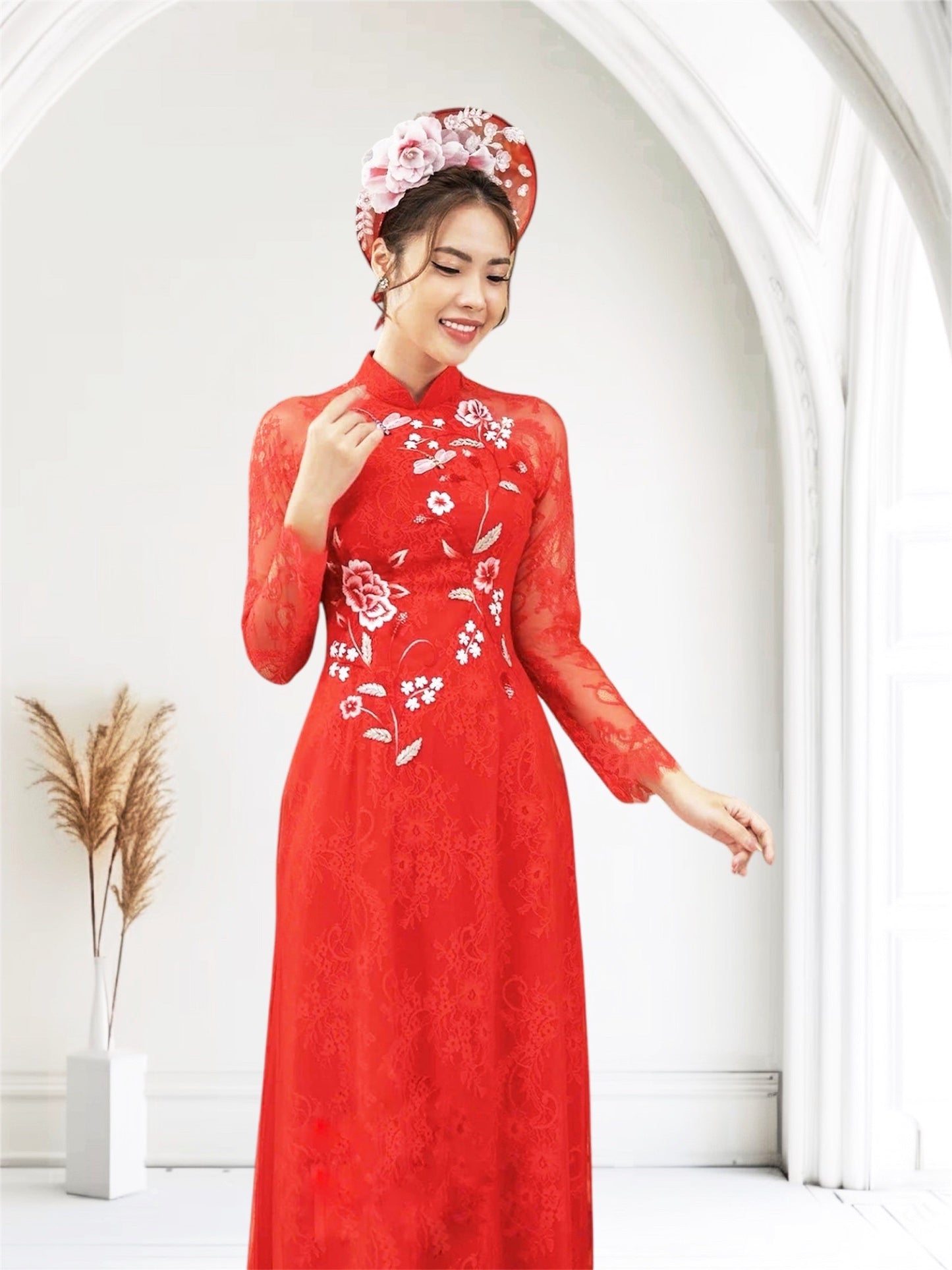 Red Lace Ao Dai Vietnamese Traditional Wedding Dress with Embroidery