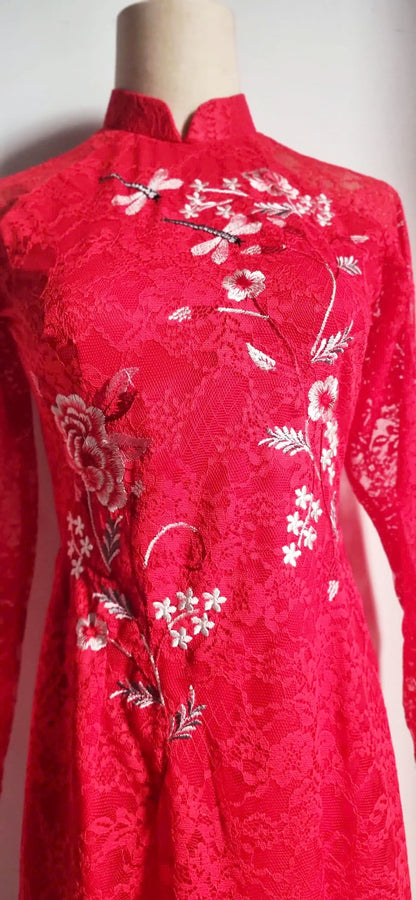 Red Lace Ao Dai Vietnamese Traditional Wedding Dress with Embroidery