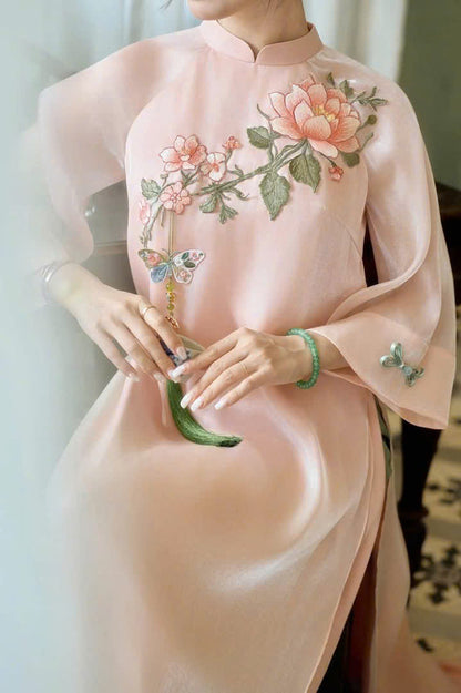 Pre-order Pink Flower Embroidered Ao Dai - Women Ao Dai with Tessal - No Pants