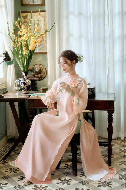 Pre-order Pink Flower Embroidered Ao Dai - Women Ao Dai with Tessal - No Pants