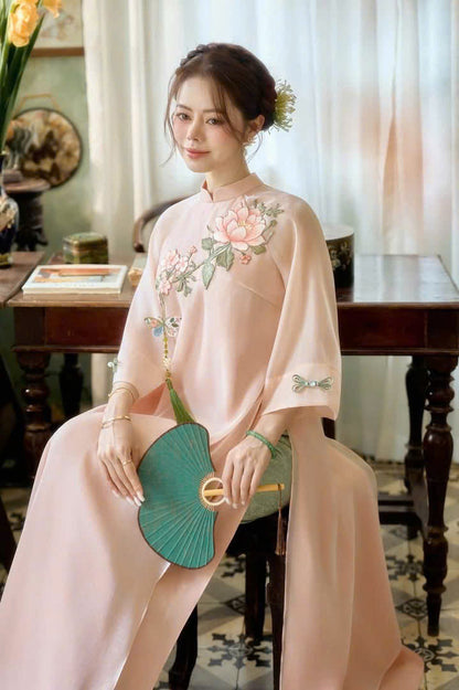 Pre-order Pink Flower Embroidered Ao Dai - Women Ao Dai with Tessal - No Pants
