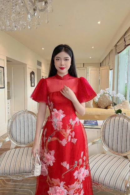 Red Modern Ao Dai with Sparkle Bird Floral | Organza Ao Dai Set | Ready to ship