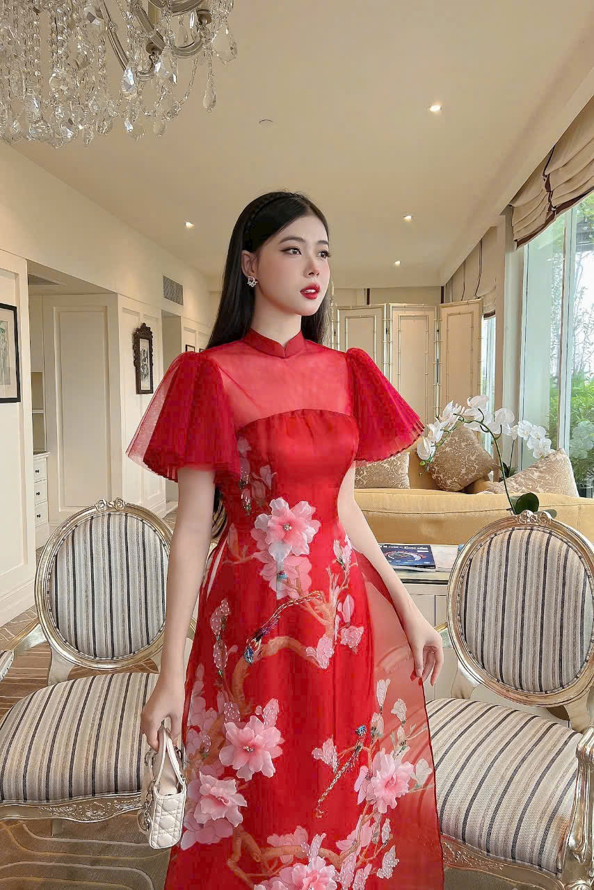 Red Modern Ao Dai with Sparkle Bird Floral | Organza Ao Dai Set | Ready to ship