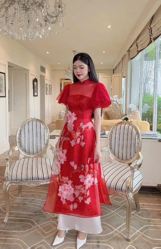 Red Modern Ao Dai with Sparkle Bird Floral | Organza Ao Dai Set | Ready to ship