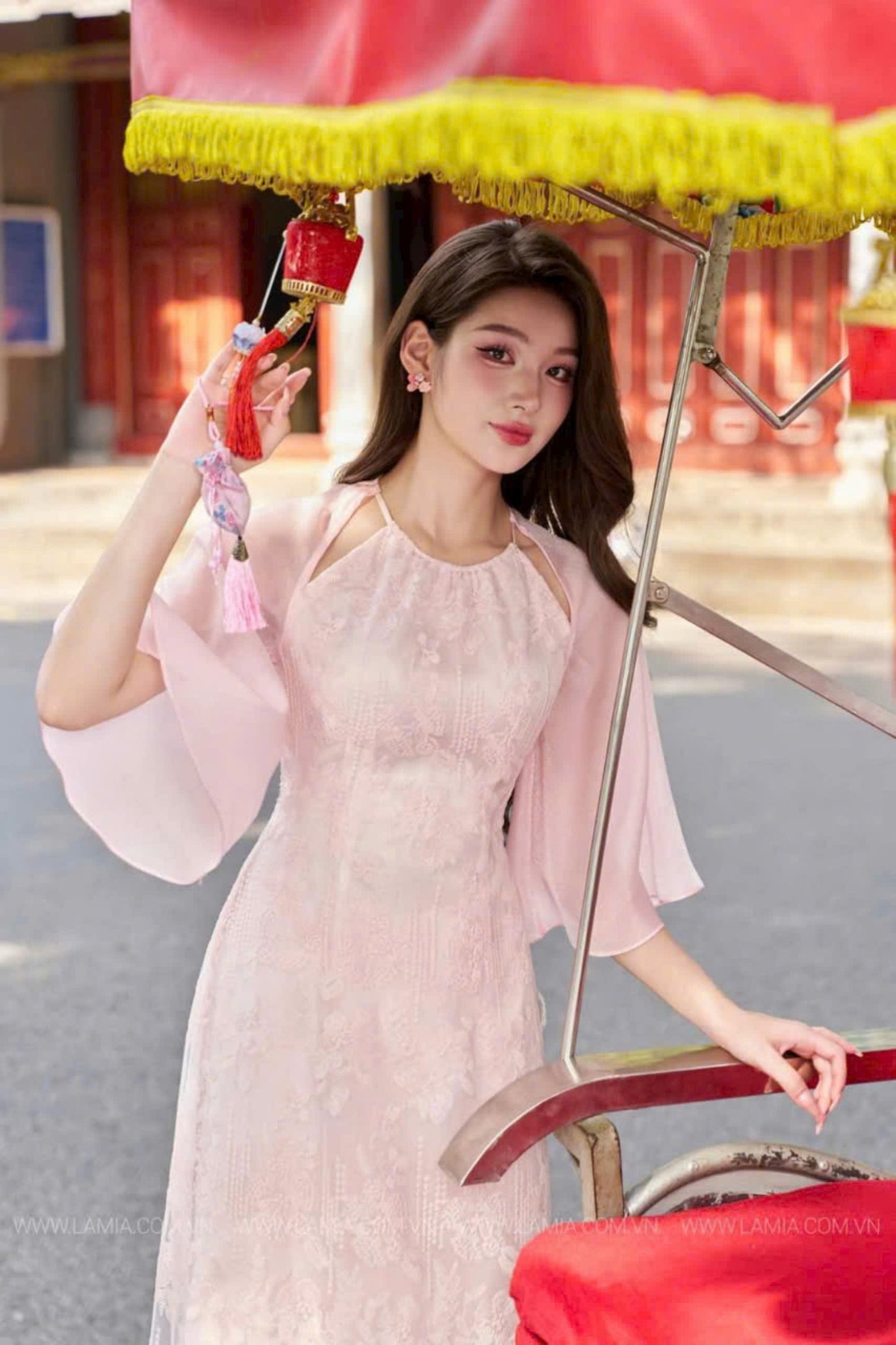 Pink Lace - Cut off Shoulder  Modern Ao Dai Set