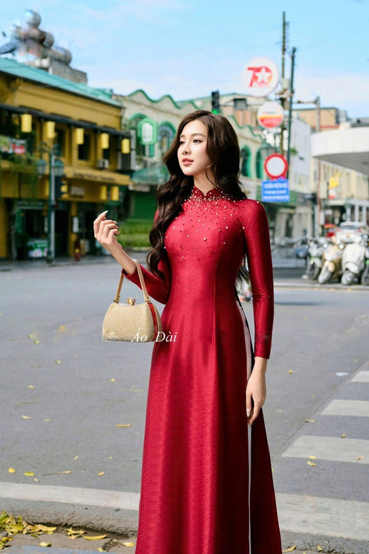 Ao Dai With Crystal Rhinestones- NO Pants | Traditional Vietnamese Dress | Áo Dài Truyền Thống