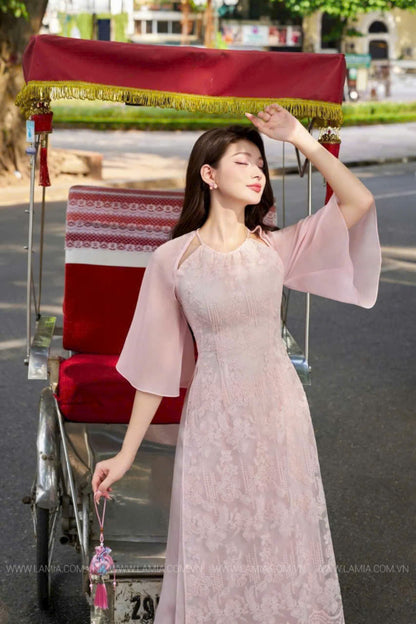 Pink Lace - Cut off Shoulder  Modern Ao Dai Set