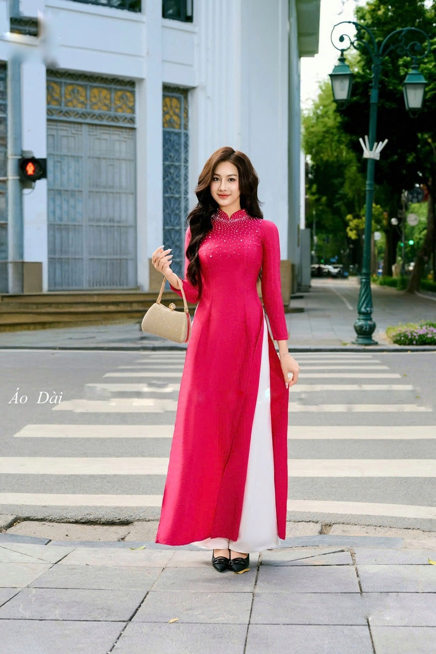 Ao Dai With Crystal Rhinestones- NO Pants | Traditional Vietnamese Dress | Áo Dài Truyền Thống