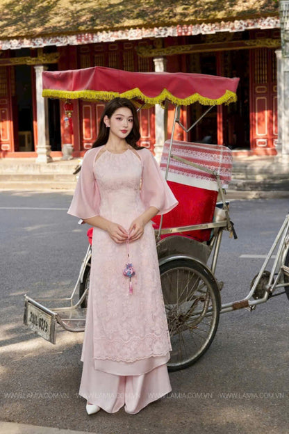 Pink Lace - Cut off Shoulder  Modern Ao Dai Set