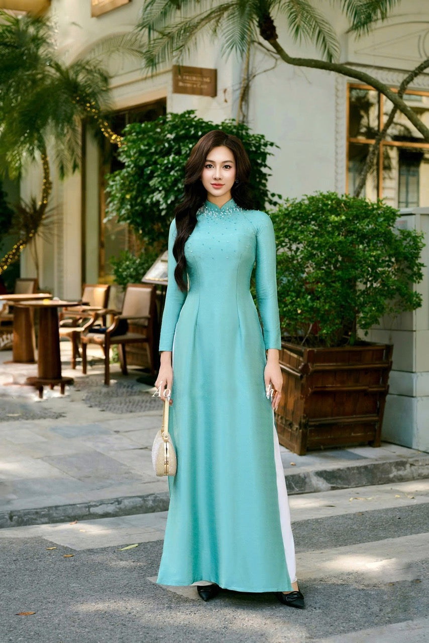 Ao Dai With Crystal Rhinestones- NO Pants | Traditional Vietnamese Dress | Áo Dài Truyền Thống