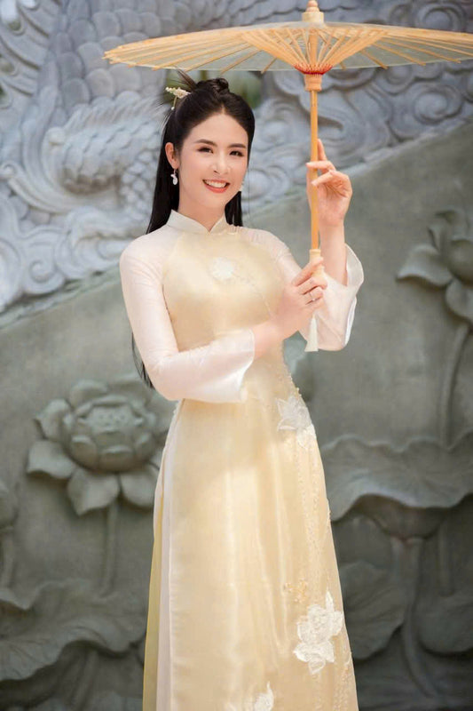 Cream Lotus Double Layers Ao Dai For Women | Wedding Ao Dai Vietnam