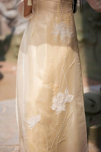 Cream Lotus Double Layers Ao Dai For Women | Wedding Ao Dai Vietnam